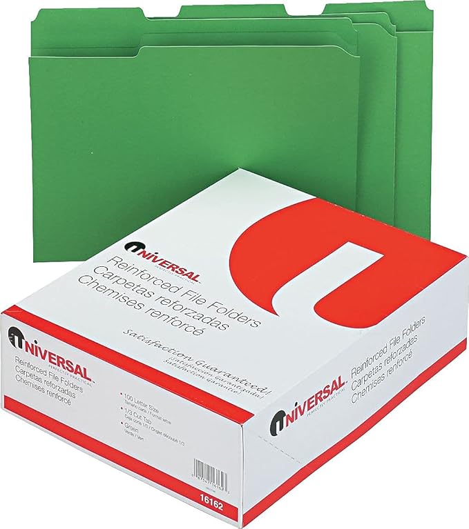 Universal 16162 Colored File Folders, 1/3 Cut Assorted, Two-Ply Top Tab, Letter, Green, 100/Box