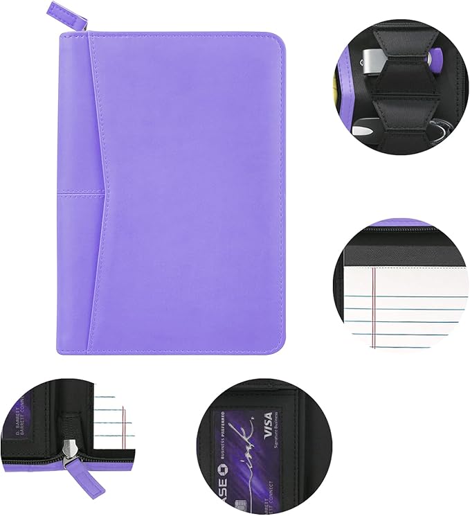 Junior Padfolio/Resume Portfolio Binder with Refillable Lined Notepad, A5 Padfolio Folder, Business Portfolio, Multi-Function Case, A5 Writing Pad Included, Purple