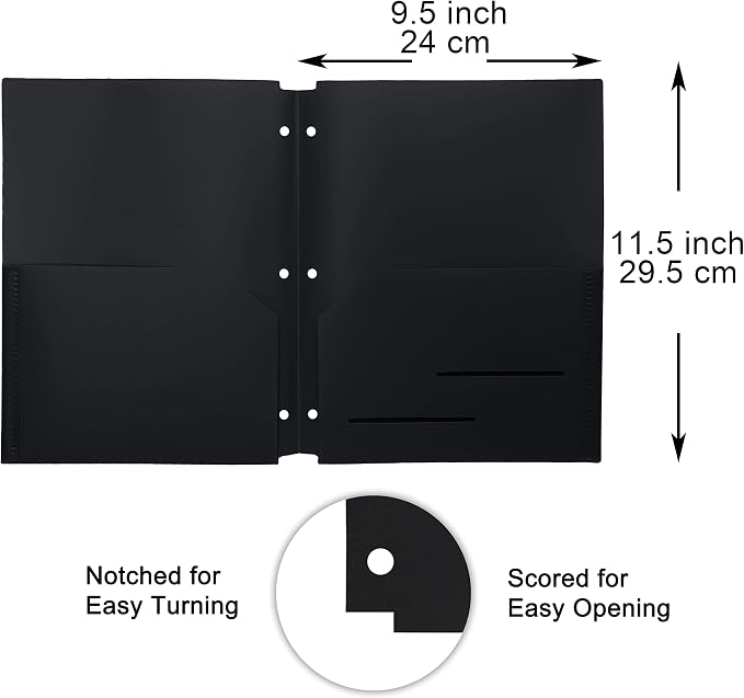Youngever 6 Pack Heavy Duty Plastic Two Pocket Folders, Binder Dividers with Pocket, 3 Hole Punch Folder with Notches, Binder Folders (Black)