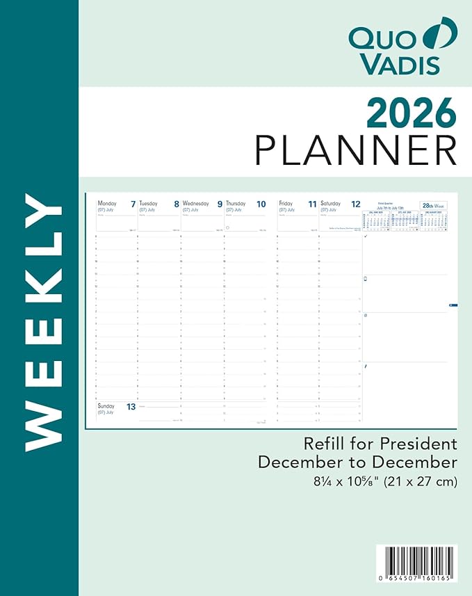 Quo Vadis 2026 Refill for President - Weekly Planner - 13 Months, Dec. to Dec. - 8 1/4 x 10 5/8" - Time Management Appointment Organizer