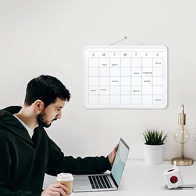 Monthly Whiteboard Calendar for Wall, Small 16" x 12" Dry Erase Board with Plastic Frame, Hanging Dry Erase Calendar for Kitchen Planner, Memo, Office