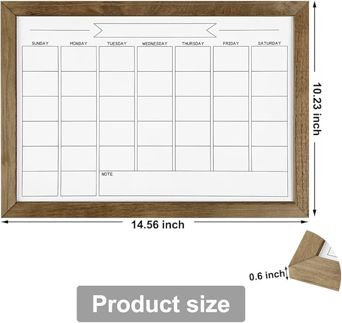 Dry Erase Monthly Calendar Whiteboard, Magnetic White Board for Wall, Office/School/Home, Solid Pine Wood Rustic Brwon Frame Hanging Board for Kitchen Grocery List, 10.6"x 14.6"(YL-RB-2737-B)