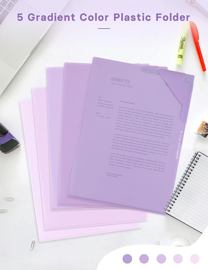Plastic Folders Sleeves, Gradient Colors Plastic Project Pockets for Paper 11.9 × 8.5 Inches, Transparent Document Folders for School and Office Supplies (5 Pack, Purple)