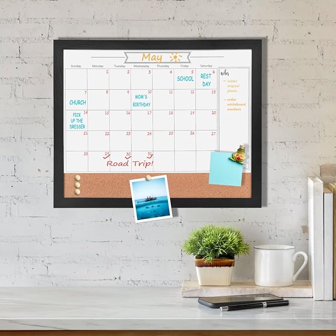 Monthly Calendar Dry Erase White Board & Cork Bulletin Board,13" x 17" Black Wood Frame,Magnetic Surface Whiteboard.Perfect for Organizing Your Space.Whiteboard+Cork-3442A-BK