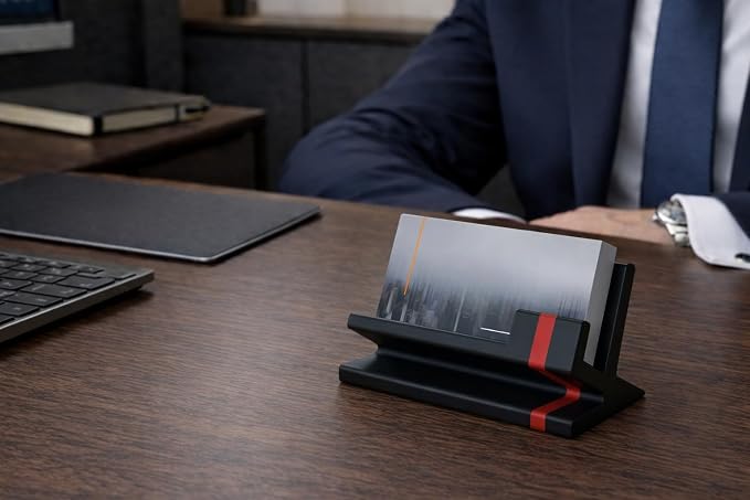 Business Card Holder for Desk – Modern Red & Black Card Display, Stylish Office Desk Accessory for Men & Women