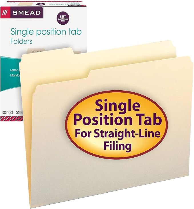 Smead 10331 File Folders 1/3 Cut First Position One-Ply Top Tab Letter Manila 100/Box