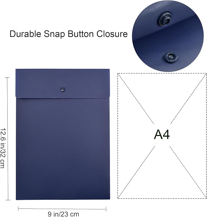 VANRA Vertical File Folders Poly Filing Envelope Plastic Project Folder with Snap Button Closure for A4 Letter Size Paper (Pack of 5, Navy Blue)