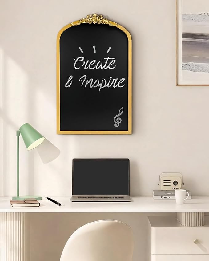 OKYDOKY Arch Chalkboard; 19 x 31 Framed Arched Ornate Vintage Magnetic Chalkboard, Gold Pine Wood Fram, Ideal as a Motivational Vision Board or Wall Organizer