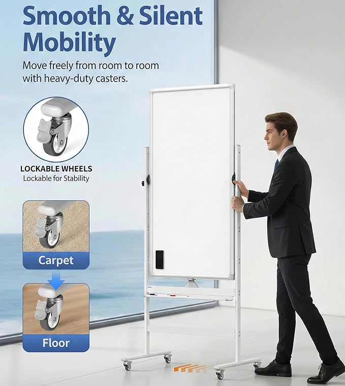 Double-Sided 40" x 28" Mobile Whiteboard with Wheels | Rolling Magnetic Dry Erase Board on Stand | Adjustable Height Silver Frame White Board for Office, Classroom & Home