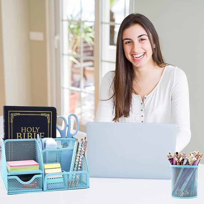 12 in 1 Desk Organizers and Accessories Set, Blue Gifts for Coworkers, Office Supplies Include Stapler Pen Holder Tape Holder Scissors Ruler Staple Remover for Home School