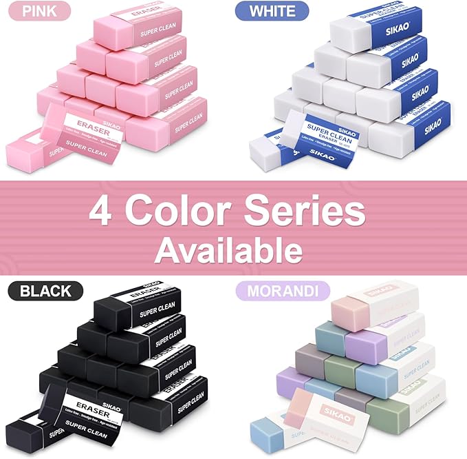 Pink Erasers, 12 Pack Block Pencil Erasers – Smudge-Free Latex-Free Cute Erasers for Kids & Girls, School Supplies, Clean Erase for Homework, Journaling & Drawing
