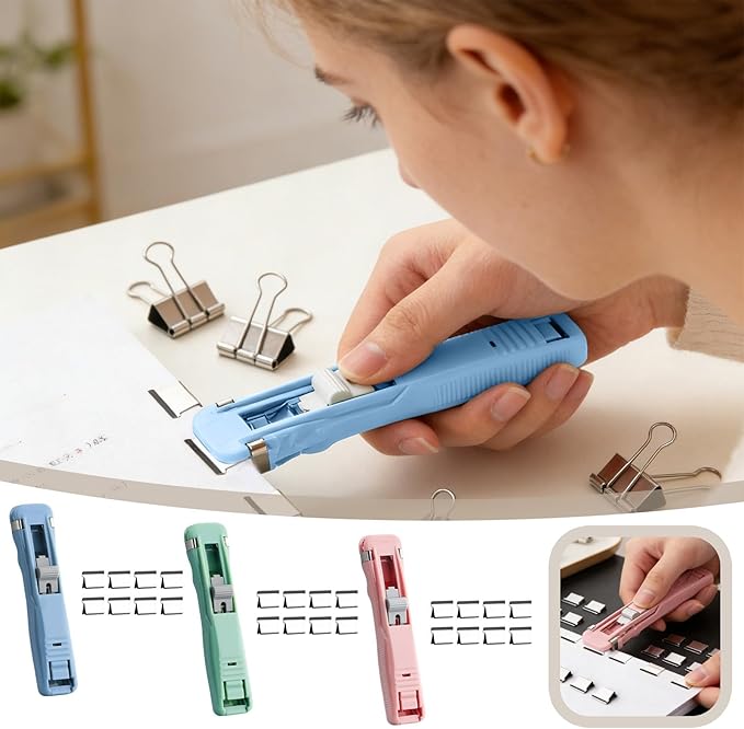 Portable Binder Clip Stapler, Includes 150 Reusable Clips, Push Clip Staplers, Mini Push Stapler Clamp Staplers for Desktop Document Home School Desk Office (F#)
