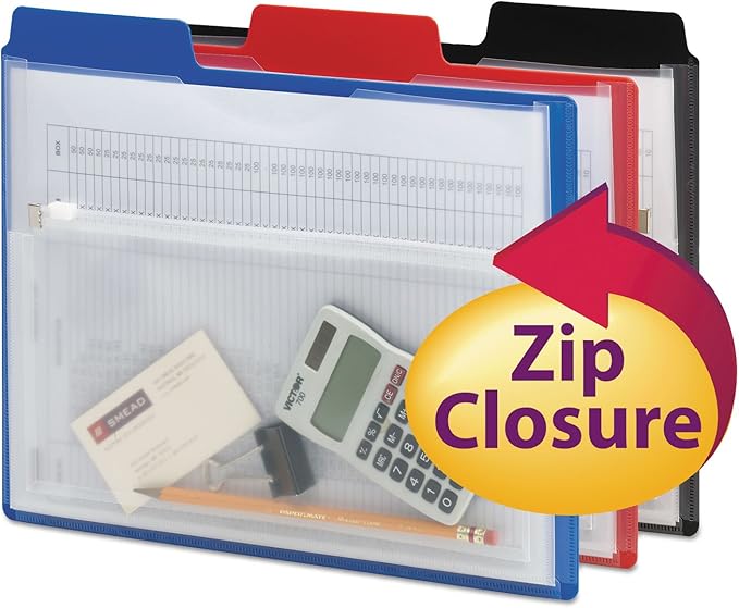 Smead Poly Project Organizer with Zip Pouch, 1/3-Cut Tab, 1/2” Expansion, Letter Size, Assorted Colors, 3 per Pack (89614)