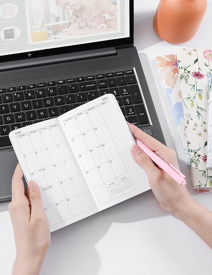 SUNEE Pocket Calendar 2026-2027 - Two Year Monthly Planner Small Calendar 3.5" x 6" Organizer for Daily & Yearly Schedule - Compact Agenda Notebook for School, Work, Women, Wildflowers