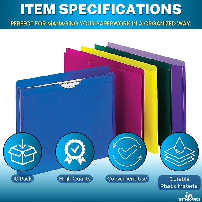 1InTheOffice File Folders, Plastic, Assorted Colors, Letter Size, Expandable, 20 Pack