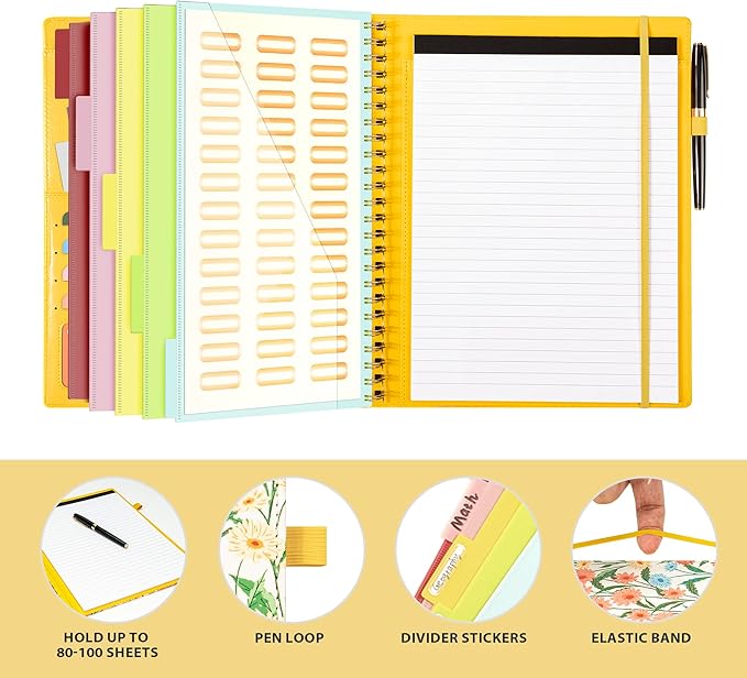 Ospelelf Clipboard with Storage for Men Women, Leather Padfolio Portfolio Organizer 5 Folders with 10 Pockets, Spiral Clipboard Folio with Notepad for Letter Size, Elastic Closure and Pen Loop Floral