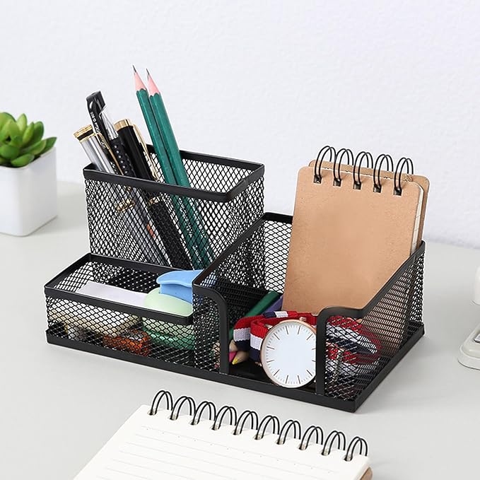 ASTIMESA 2 Pcs Metal Pen Organizer for Desk with 3 Compartments, Office Desktop Organizer Pencil Cup Caddy for Stationery Marker Storage School Home Supplies(Black,Silver (Black)