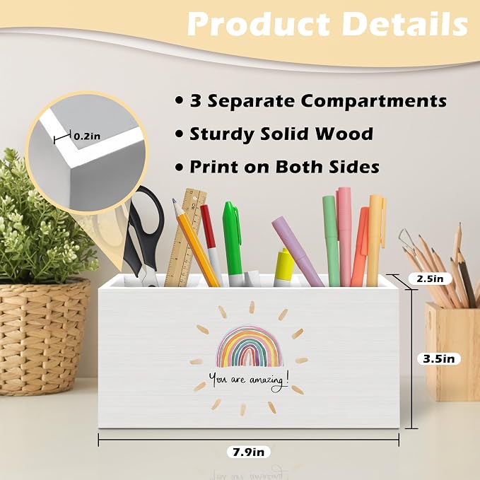 Inspirational Boho Rainbow Pen Holder Organizer Desk Decor, Boho Classroom Decor, Motivational You Are Amazing Wooden Pen Pencil Holders for Kids Room Playroom Desk Accessories