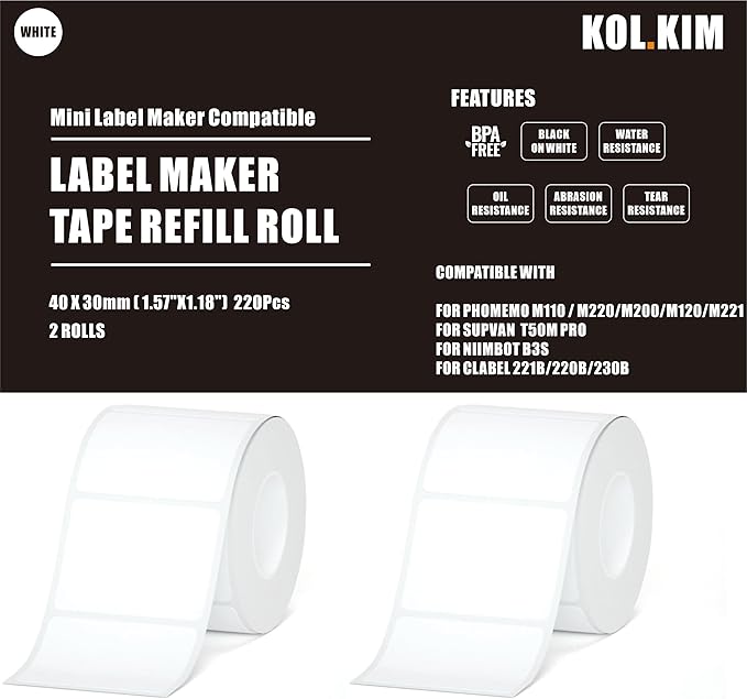 M110 Thermal Labels, 1.57''x1.18'' Compatible for Phomemo Printer M110 M220 M200 M120 M221 Labels Print Master Refill for NADA Print N20 Label Refill Clabel 221B 40x30mm 2 Rolls White