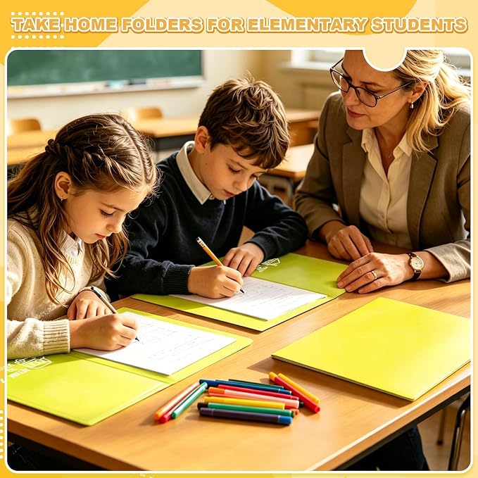 24 Pcs Back to School Take Home Folders for Elementary Students 2 Pocket Folders with Clear Front Pocket 4 Inner Pockets Plastic Parent Teacher Communication Folder 11.81 x 9.45 Inch (Yellow)