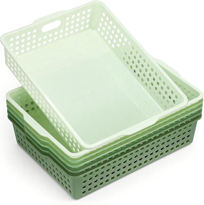 Green 6 Pack Plastic Classroom Paper Baskets, Turn in Trays, Organizing Desk Tray for A4 Papers, Classroom Storage Turn in Bins, for Teachers and Students, Office Desk Room Trays