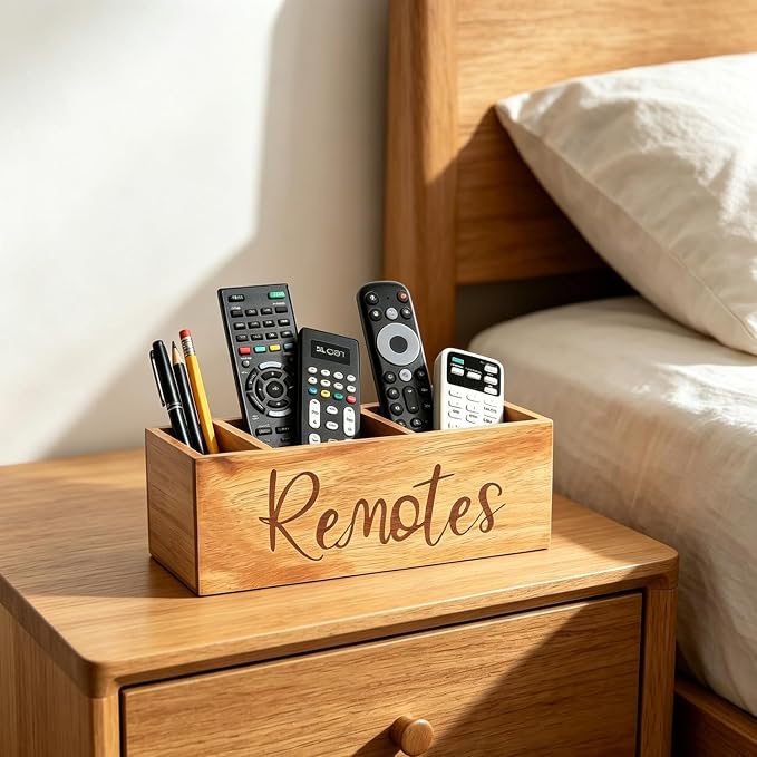 Remote Control Holder, Farmhouse Wood TV Organizer for Table, Wooden Remote Control Organizer, Remote Storage Caddy, Remote Control Organizer (Brown, 9.8 Inch Labeled Remote)