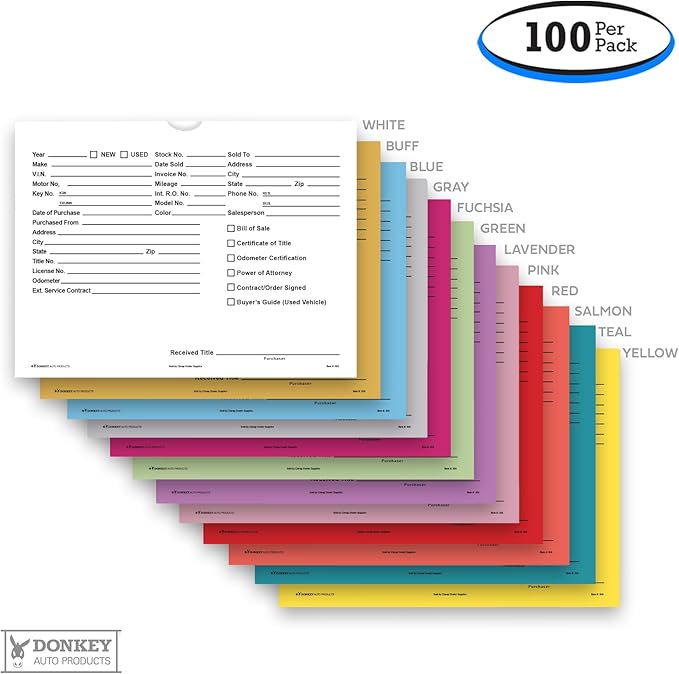 Printed Vehicle Deal Envelopes 9x12 Deal Jackets (100 shrink wrapped) (White)