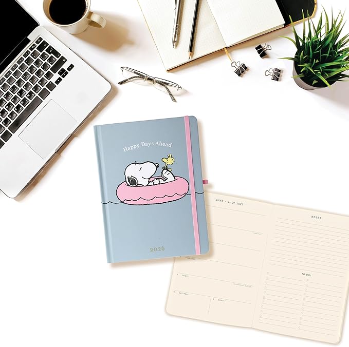 July 2025 – Dec. 2026 Planner by Graphique, Weekly and Monthly Planner, 18 Months Calendar, Hardcover, Peanuts Pink Floatie, 6” x 8”