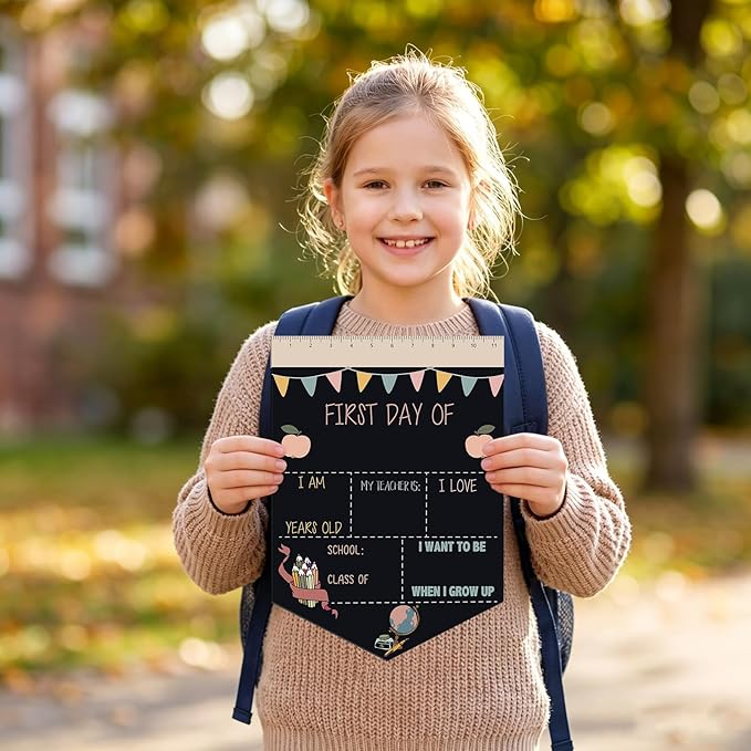 First and Last Day of School Chalkboard Sign 13.8 x 10 Inch Reusable Double Sided First Day of School Sign for Graduation Kids Preschool Kindergarten (Flags Pastel Style)