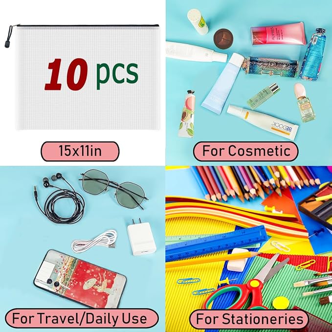 10 Pcs Zipper File Bags, Waterproof Plastic Mesh Pouch for Office School, Board Game Storage Bags (B4 Size 15''x11'', White and Black)