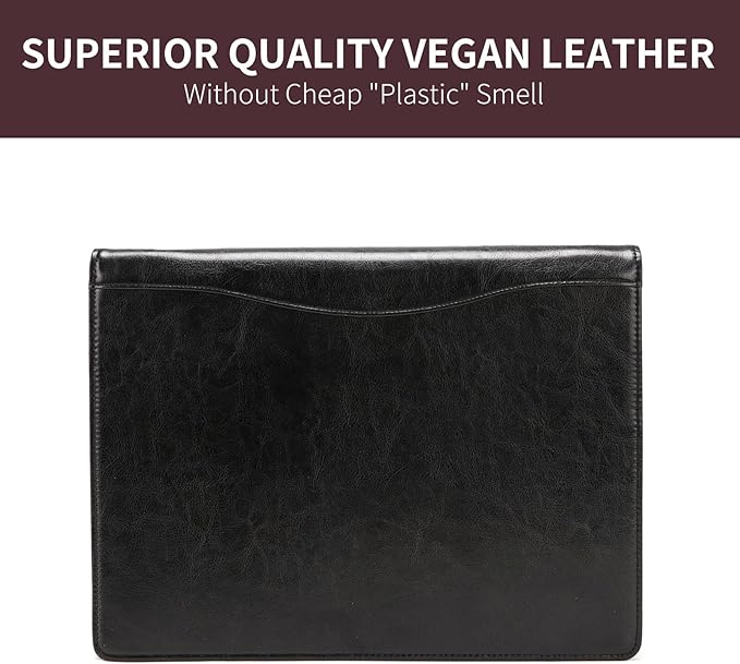 Vegan Leather 3 Ring Binder, 8.5 x 11 Letter Size Folio with Pen Holder, Soft Notebook Portfolio Cover, Slim Notepad Padfolio Thin File Organizer for Work Executive Meeting, Black
