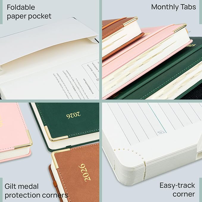 POPRUN Daily Planner 2026 (A5 Size-5.75" x 8.5") One Page Per Day Planner with Vegan Leather Hardcover - Agenda 2026 (Jan. - Dec.) Page A Day Calendar Book with Monthly Tabs, Inner Pocket - Soft Pink
