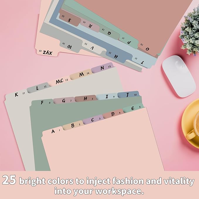 1 Set 25 Pcs Alphabetical File Organizer 12 Colors A-Z Top Tab Alphabet File Cabinet Dividers Letter-Size 1/5 Cut Tab File Folder Guide 500 GSM Heavyweight Manila Cardboard for Office Home School Desk
