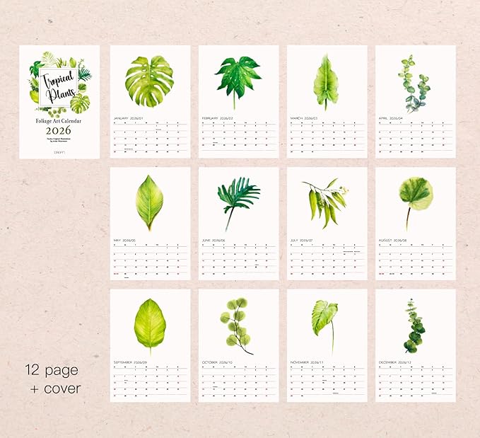 Tropical Plant Art - 2026 Botanical Watercolor Wall Calendar, Foliage Painting Planner, Christmas Gift for Plant Lover, A4 21 x 29.7 cm (2)
