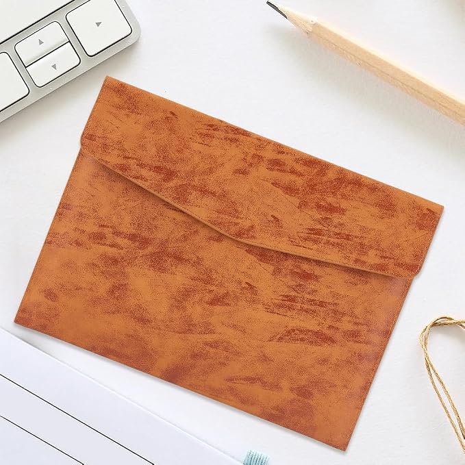 Waterproof A4 PU Leather Envelope File Holder Brown Thin Document Folder Portfolio Filing Oragnizer Pocket Storage Case with Snap Closure for Receipt Contract Stationery Tablet