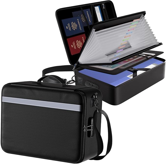 Fireproof Document Box with Lock, 5200°F Heat Insulated & Water-Resistant File Organizer, Portable Soft-Shell Storage Box for Important Documents, Passports, 14" Laptop (14.7"x11.2"x5.3")