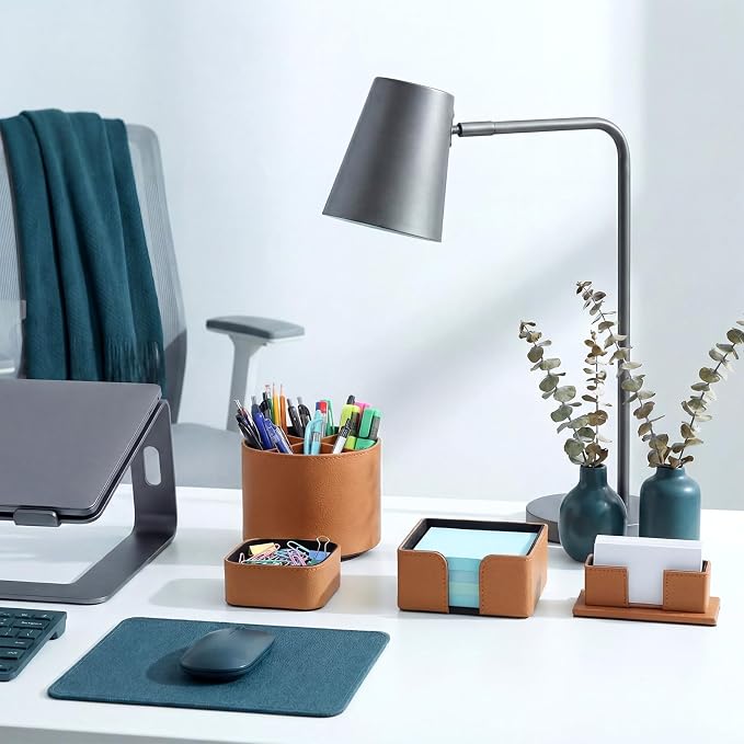 4 Pcs Rotating Leather Pen Holder Organizer Office Desk Accessories Set with Business Card Sticky Note Holder Paperclip Storage Desktop Storage Supply for Teacher Back to School Gift(Brown)
