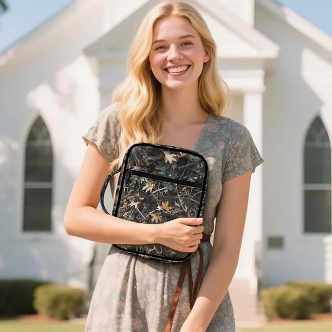 Suobstales Hunting Camo Forest Leaves Print Bible Covers for Women Men Lightweight Bible Bag Bible Accessories with Handle and Zippered Pocket Bible Tote Bag for Kids