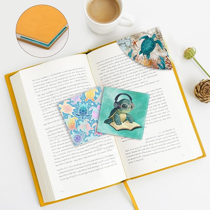 Icycay Cute Sea Turtle Corner Bookmarks, Funny Leather Book Accessories for Book Lovers, 3 Pcs Reading Book Page Markers for Women Men Student Teacher Girls Boys Kids Retirement Birthday Gifts