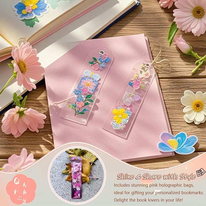 Qrhky 86PCS Acrylic Bookmark Blanks Kit, 20PCS Blank Bookmarks with 25PCS Book Lover UV DTF Sticker, 20PCS Ribbon, 20 Holographic Bags, 1PCS Tweezers, Clear Bookmark Kit for DIY and Gifts