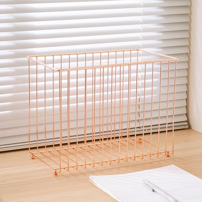 Y YOMA Hanging File Organizer, Letter Size Rose Gold Metal Desk File Crate Storage Basket for Home Office, 1 Pack, I Shaped