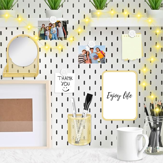 8 Pcs Locker Accessories for Girls Gold Magnetic Mirror, Magnetic Pen Holders, Cute Flower Magnets,Gold Locker Decoration for School Locker, Back to School Essentials