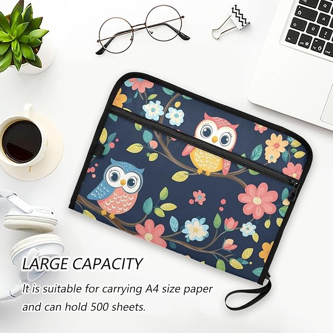 Colorful Owls Expanding File Folder with Sticky Labels, 13 Pockets Accordion File Folder Document Organizer Expandable Zip File Folder with Zipper Closure