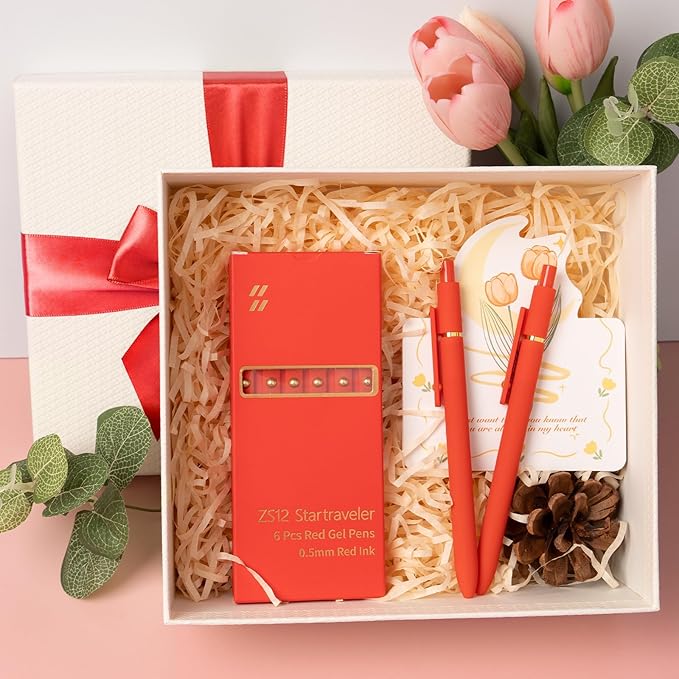 YOXMJDB 6 Pcs Red Ink Pens for Journaling 0.5mm Fine Point Red Gel Ink Pens, Smooth Writing Quick Dry Pen for Note Taking, Gift Set for Women & Men (6 Pcs Red Gold)