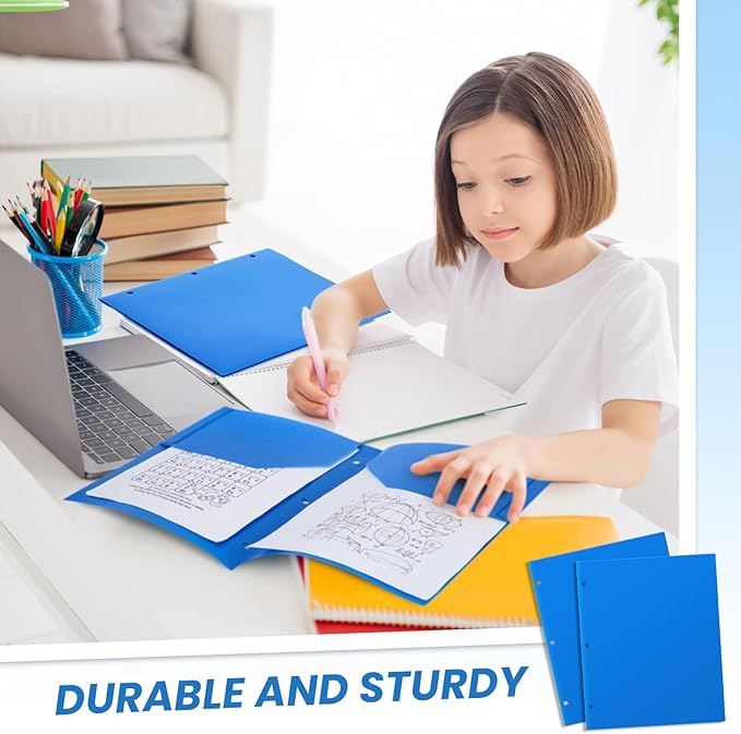 Yeaqee 100 Pcs Plastic Folders with Pockets Bulk 3 Hole Punched 2 Pocket File Folders for 3 Ring Binder Divider Folder for Notebooks, Durable Poly for Office Home (Blue)