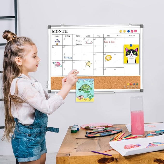 Monthly Calendar Whiteboard Dry Erase Cork Board Combo for Wall, 30" x 20" Magnetic Double-Sided Calendar White Board and Bulletin Board, Portable Board for Office, Kitchen, School, Home, Dorm