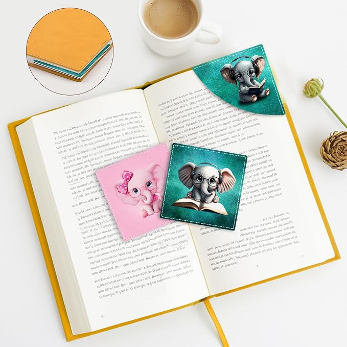 Icycay Cute Elephant Corner Bookmarks, Funny Leather Book Accessories for Book Lovers, 3 Pcs Reading Book Page Markers for Women Men Student Teacher Girls Boys Kids Retirement Birthday Gifts