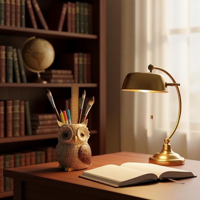 MUAMAX Owl Pen Holder, Owl Pencil Holder for Desk, Makeup Brush Holder Resin Resin Desk Organizer Decorative Accessories, Cute Pencil Cup Pot Desktop for Office Supplies, Classroom, Home
