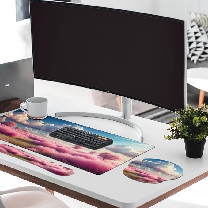 Britimes Dreamy Clouds Pink Plants Keyboard Mouse Pad Set 4in1 Large Mousepad+Keyboard Wrist Rest+Mouse Wrist Rest+Coaster Set with Ergonomic Design for Home Office Computer 35.4x15.7 inches