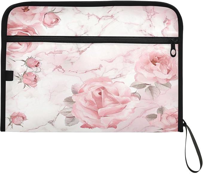 ALAZA Roses Pink White Marble Expanding Filing Folder, 13 Pockets Expandable Document Organizer Folder with Zipper Closure for Home Office A4 Letter Size Paper Document